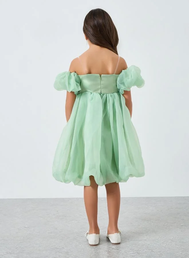 Take Two  Girls Green Puff Sleeve Bow Detail Dress for Women | Best Price UAE